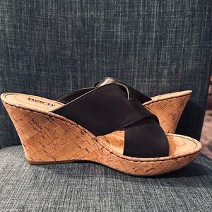 Born Black Leather Strap Cork Wedge Sandals Size 10